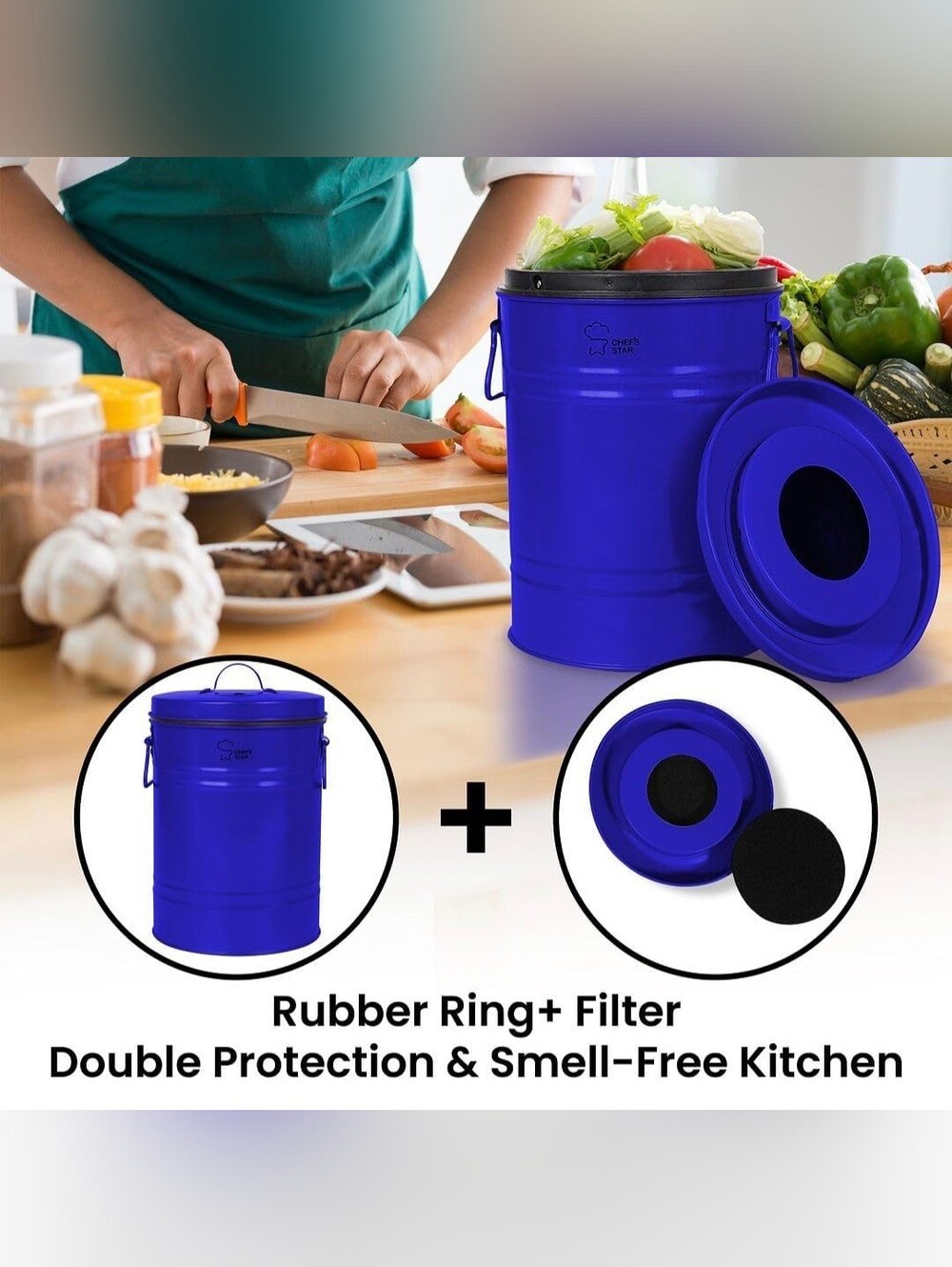 NWT Chef’s Star Indoor Kitchen Compost Bin Blue Gal Food Waste Pail Odor Control - Picture 4 of 11